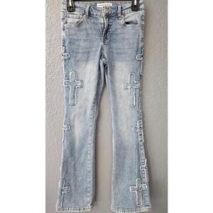 Women's Ashley Mason Cross Flare Jeans Pants Size 00/23 Blue Distressed Patched